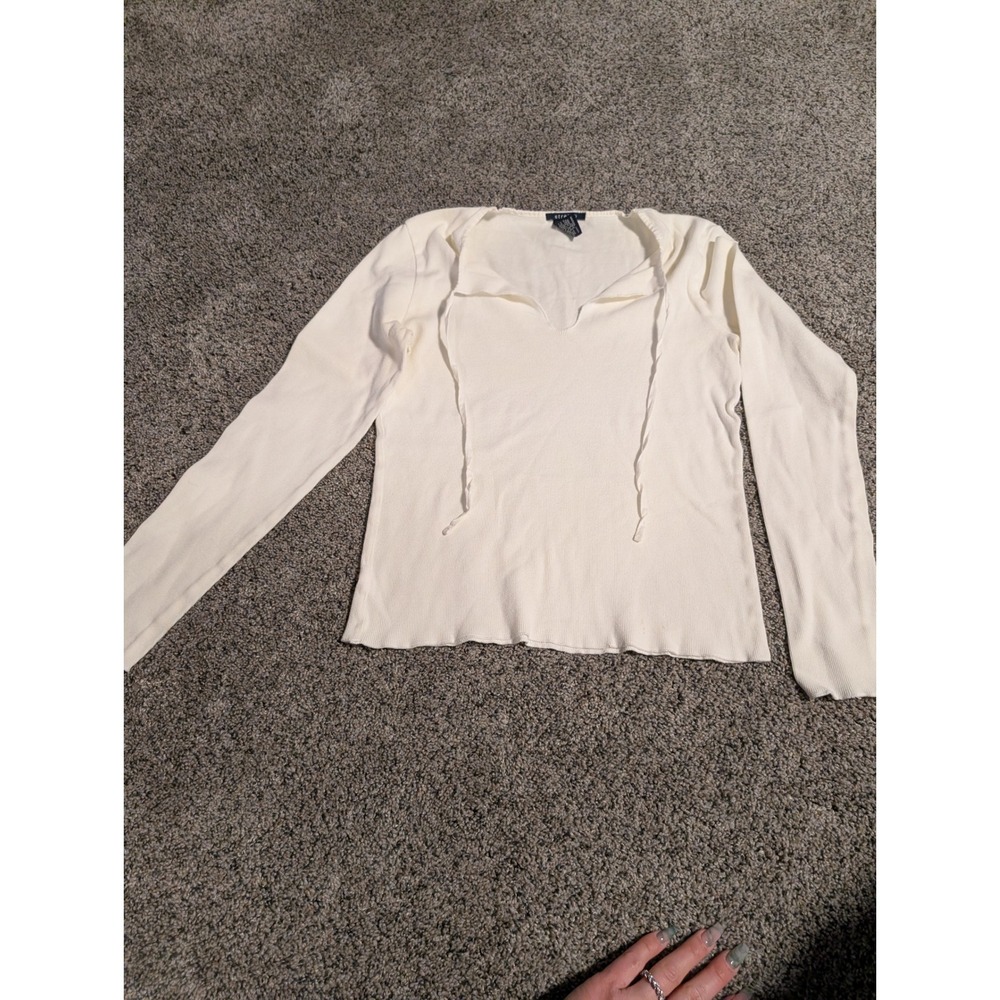 Y2K GAP Womens Cream Ribbed Long Sleeve Tie Neck Top Size S‎